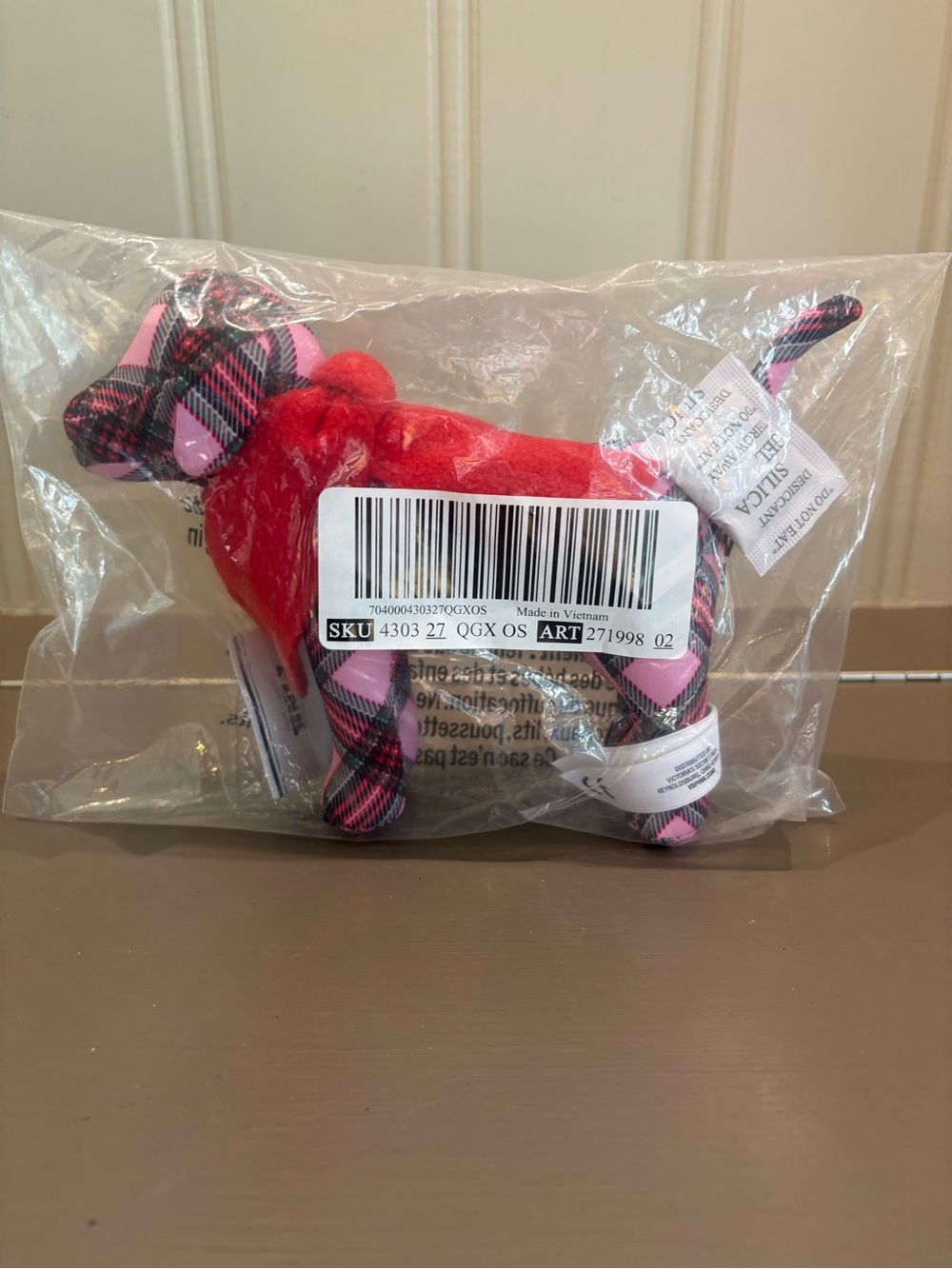 Victoria's Secret Red Plush Dog with Pink & Black Plaid Accents